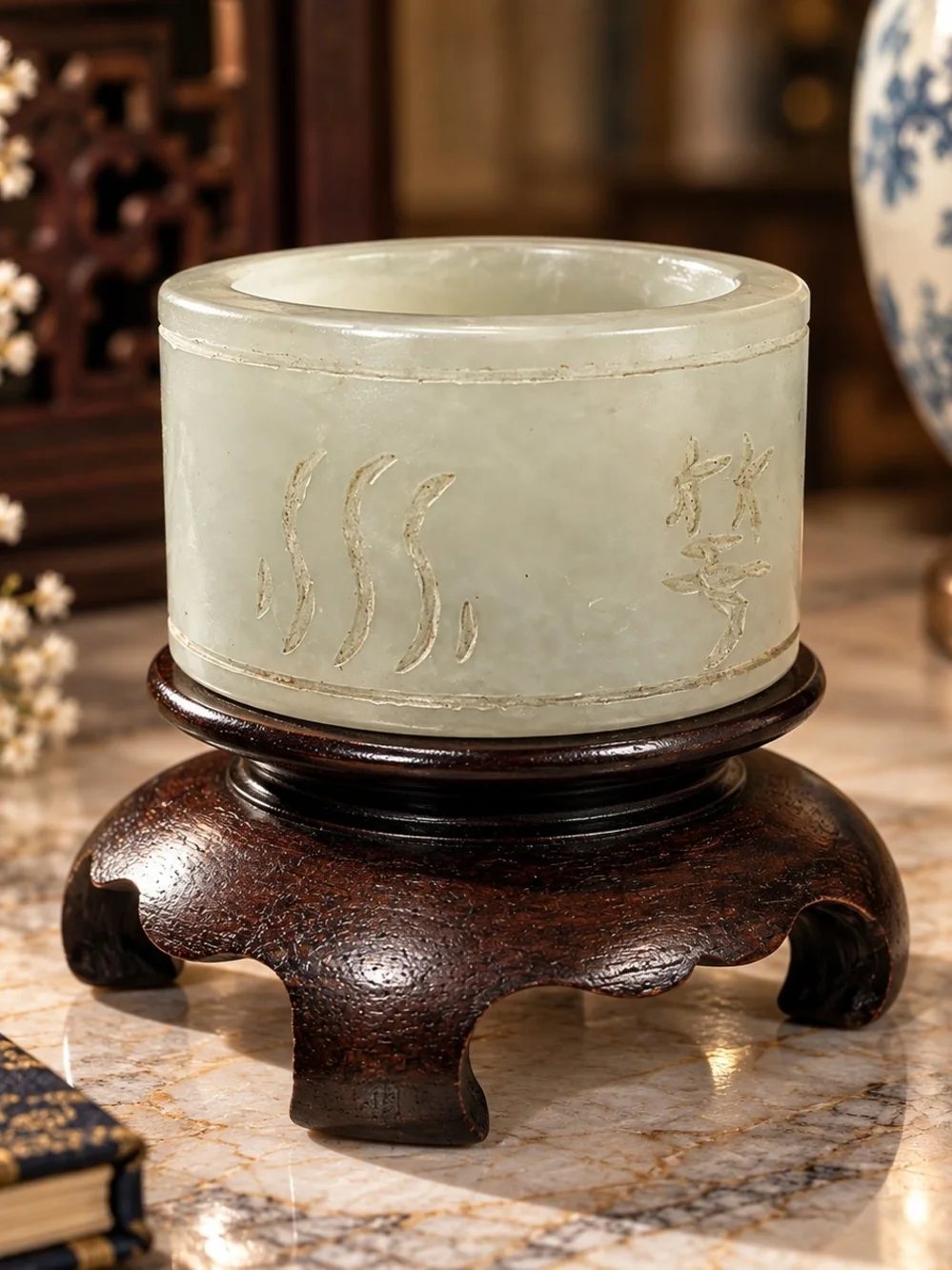 Chinese Nephrite Jade Cylinder Inscribed Character Ornament w/ Wood Stand 55g